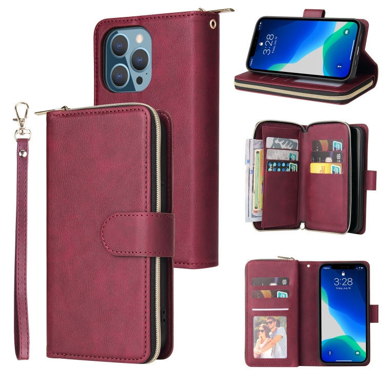 For iPhone 13 Pro 9 Card Slots Zipper Wallet Bag Leather Phone Case