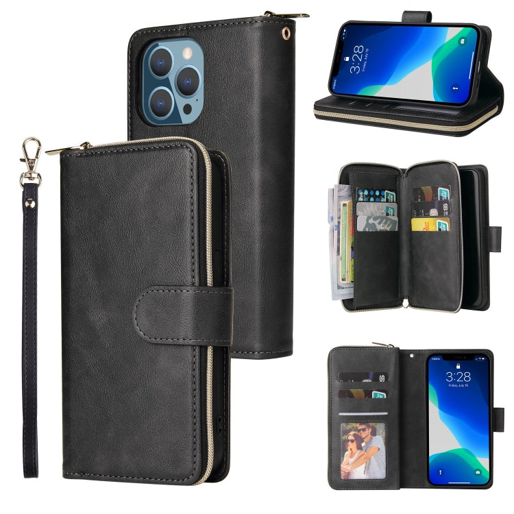 For iPhone 13 Pro Max 9 Card Slots Zipper Wallet Bag Leather Phone Case