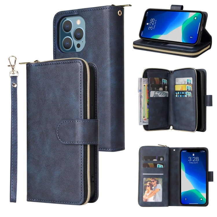 For iPhone 13 Pro Max 9 Card Slots Zipper Wallet Bag Leather Phone Case
