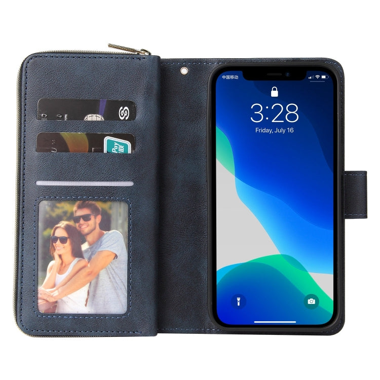 For iPhone 13 Pro Max 9 Card Slots Zipper Wallet Bag Leather Phone Case