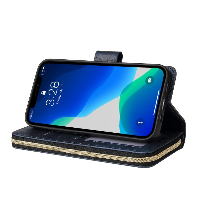 For iPhone 13 Pro Max 9 Card Slots Zipper Wallet Bag Leather Phone Case