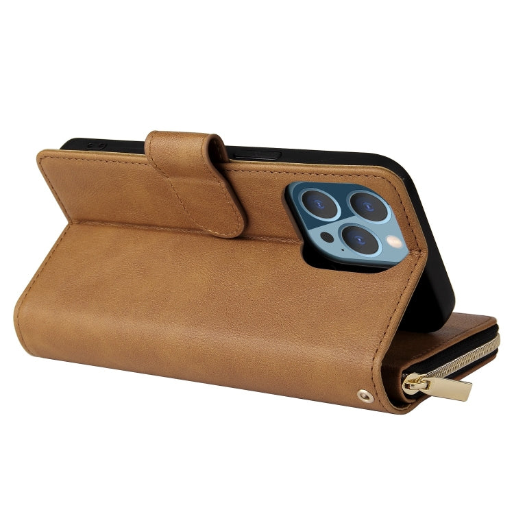 For iPhone 13 Pro Max 9 Card Slots Zipper Wallet Bag Leather Phone Case