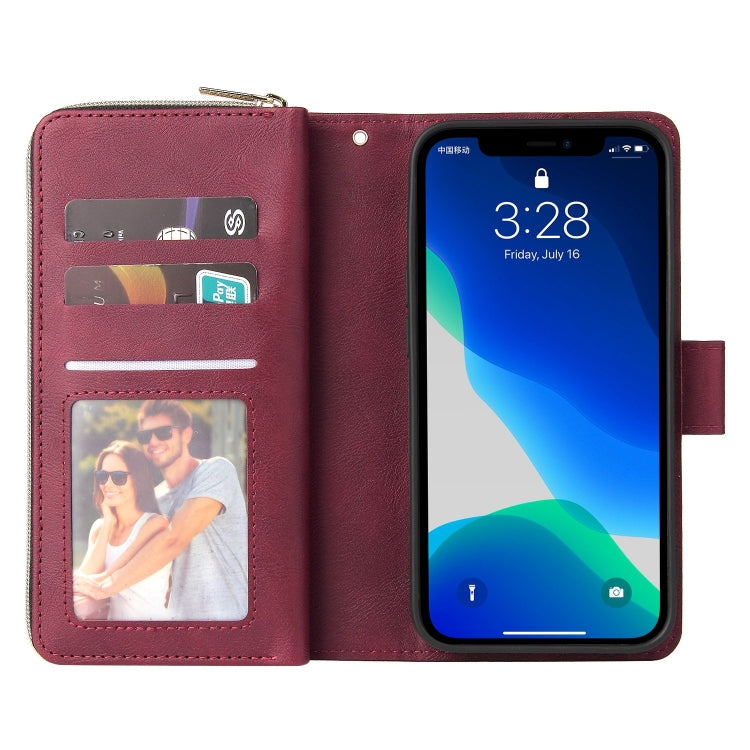 For iPhone 13 Pro Max 9 Card Slots Zipper Wallet Bag Leather Phone Case