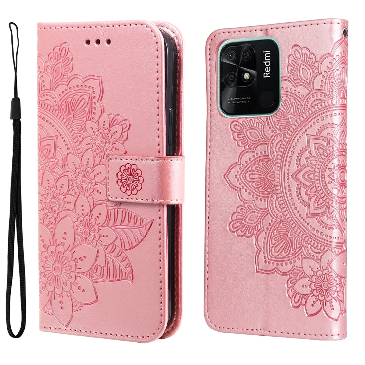 For Xiaomi Redmi 10C 4G/Redmi 10 India 7-petal Flowers Embossed Flip Leather Phone Case