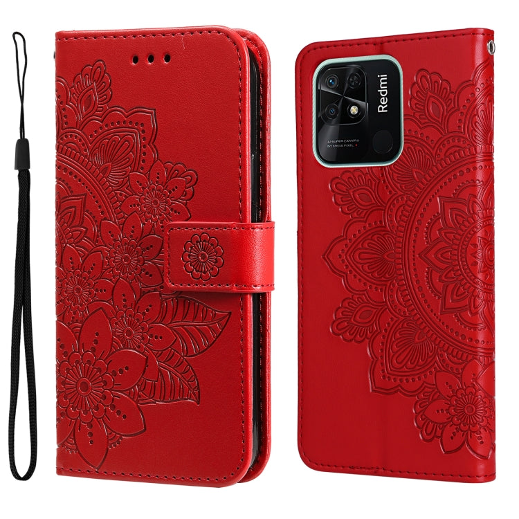 For Xiaomi Redmi 10C 4G/Redmi 10 India 7-petal Flowers Embossed Flip Leather Phone Case
