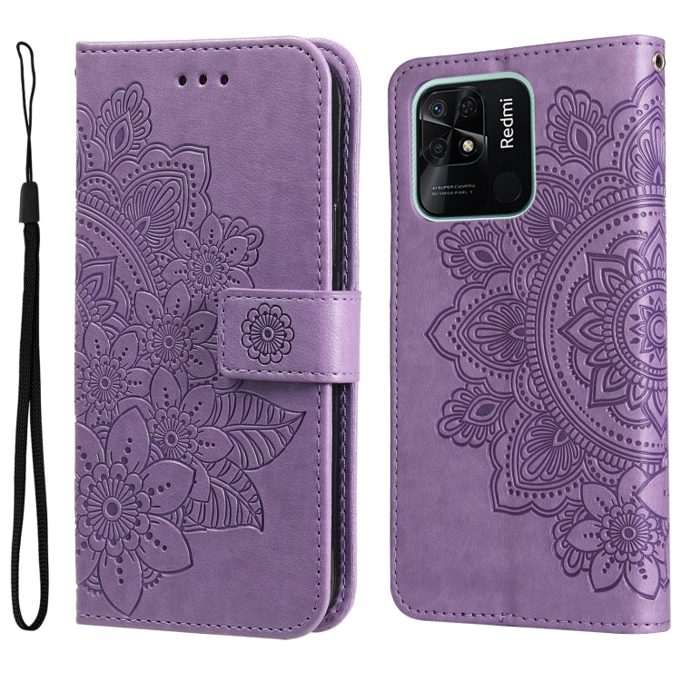 For Xiaomi Redmi 10C 4G/Redmi 10 India 7-petal Flowers Embossed Flip Leather Phone Case