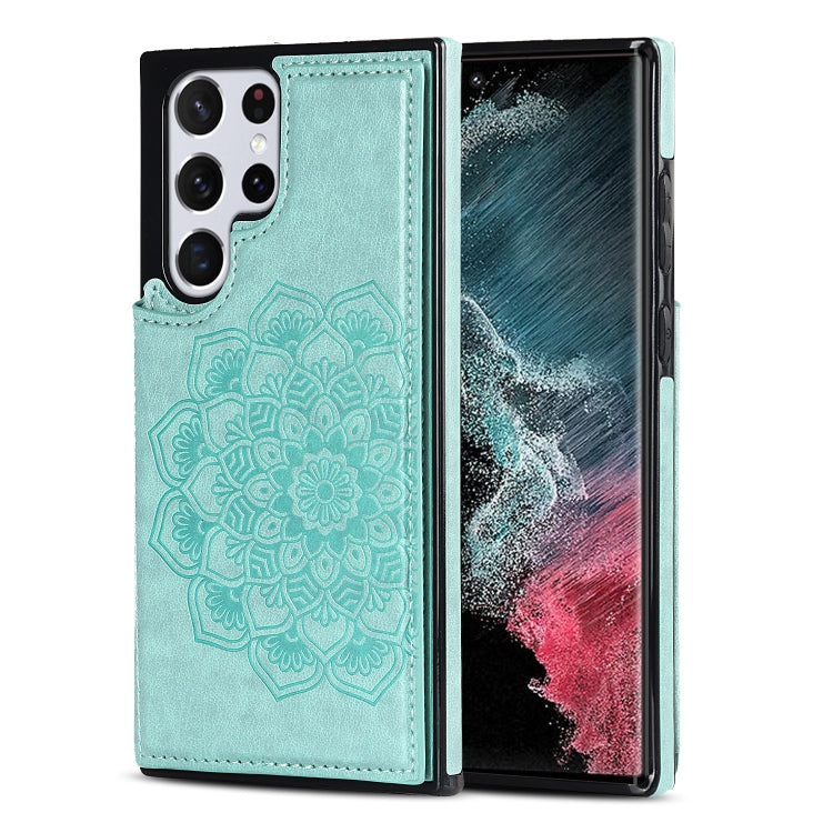 For Samsung Galaxy S22 Ultra 5G Double Buckle Mandala PU+TPU Phone Case