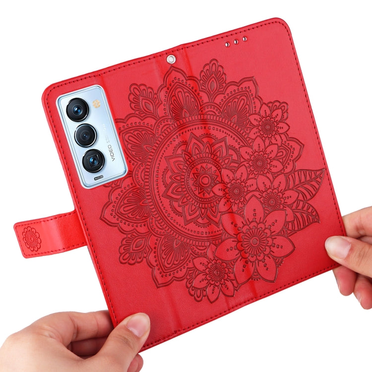 For Tecno Camon 18 Premier 7-petal Flowers Embossed Flip Leather Phone Case