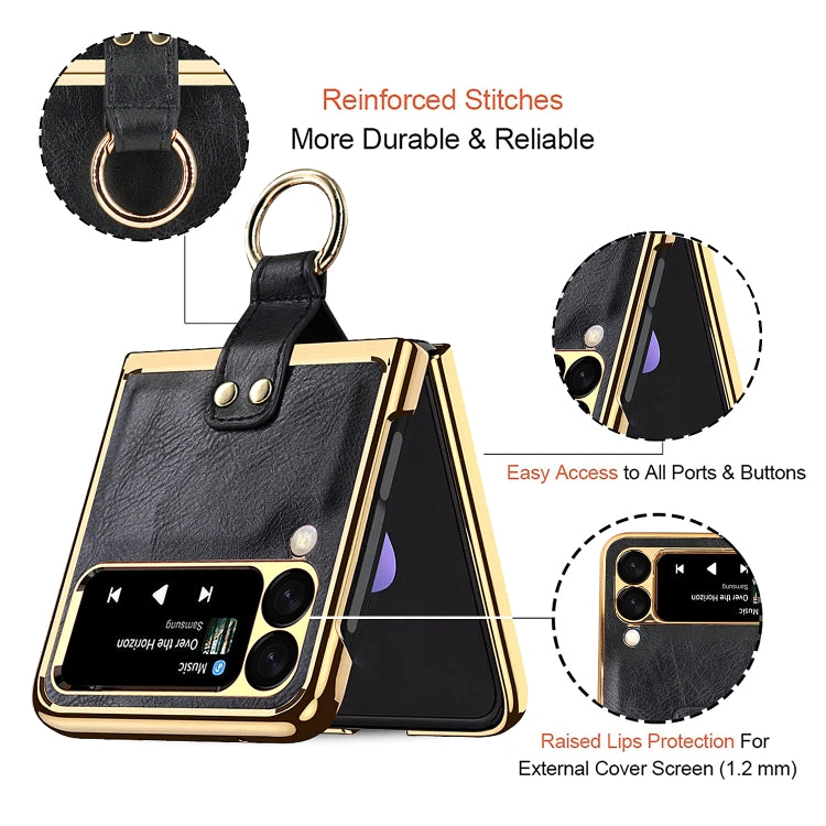 For Samsung Galaxy Z Flip3 5G Leather Texture PC Ring Holder Phone Case
