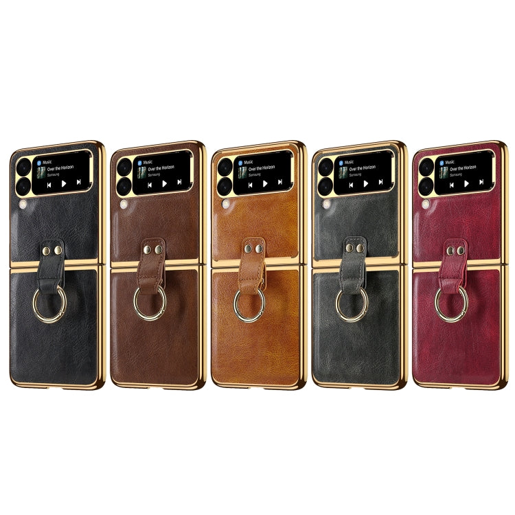 For Samsung Galaxy Z Flip3 5G Leather Texture PC Ring Holder Phone Case