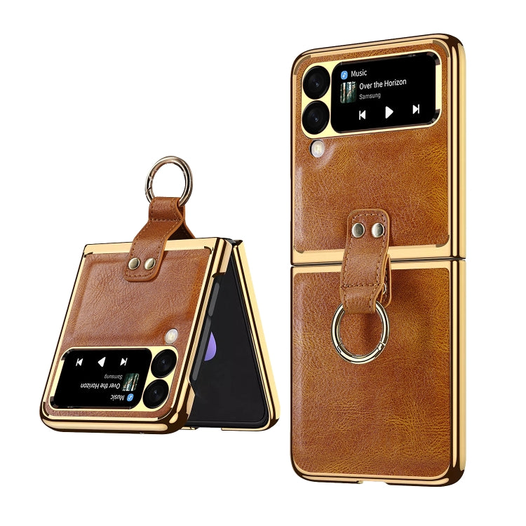 For Samsung Galaxy Z Flip3 5G Leather Texture PC Ring Holder Phone Case