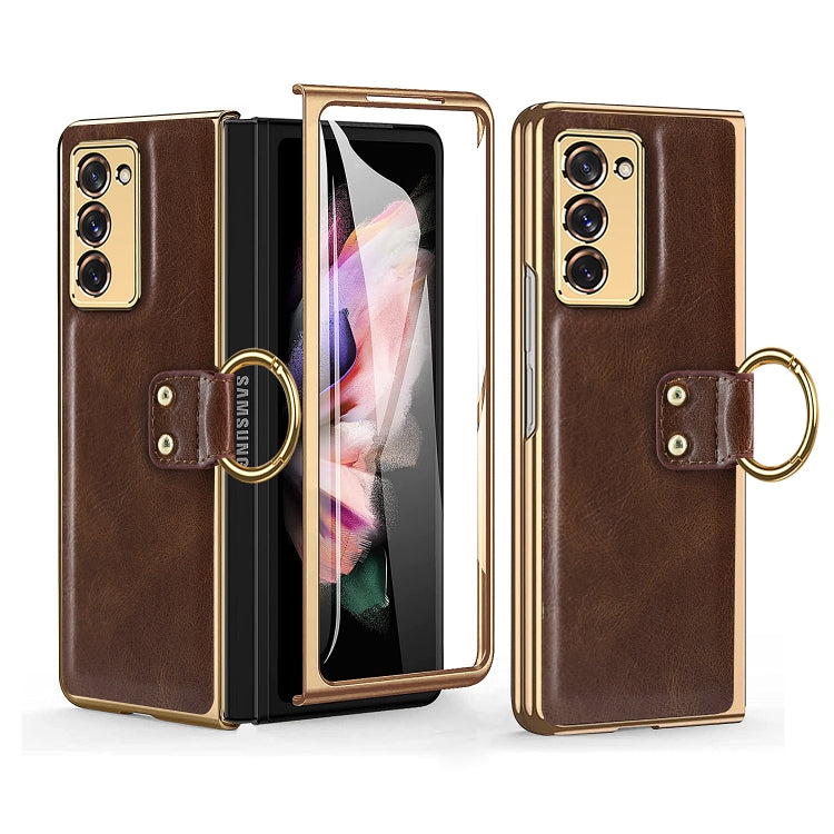 For Samsung Galaxy Z Fold2 5G Leather Texture PC Ring Holder Phone Case