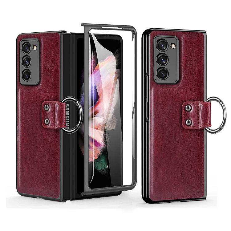 For Samsung Galaxy Z Fold2 5G Leather Texture PC Ring Holder Phone Case