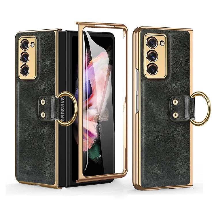 For Samsung Galaxy Z Fold2 5G Leather Texture PC Ring Holder Phone Case