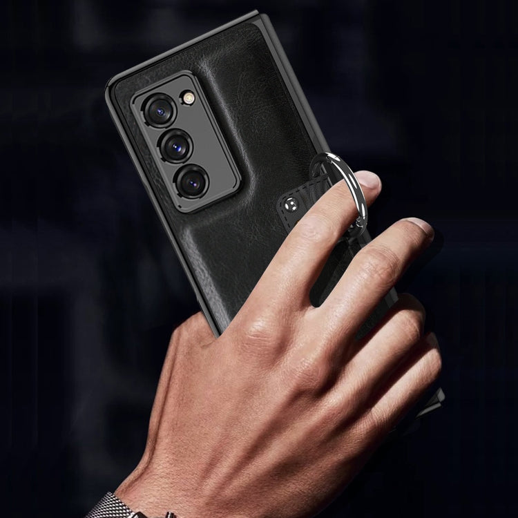For Samsung Galaxy Z Fold2 5G Leather Texture PC Ring Holder Phone Case