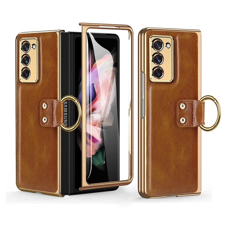 For Samsung Galaxy Z Fold2 5G Leather Texture PC Ring Holder Phone Case