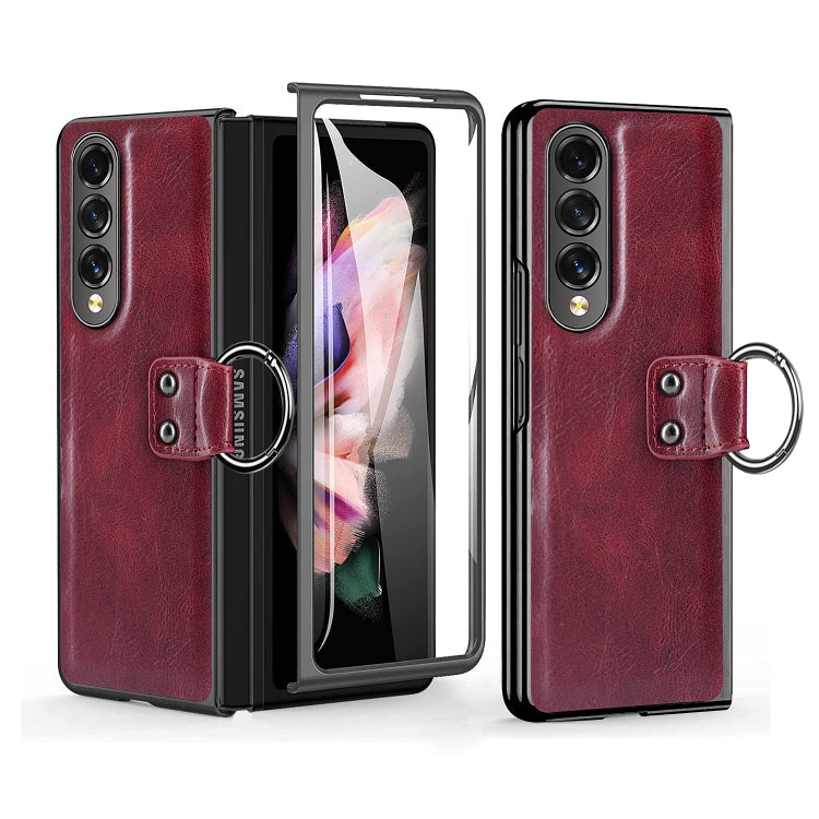 For Samsung Galaxy Z Fold3 5G Leather Texture PC Ring Holder Phone Case