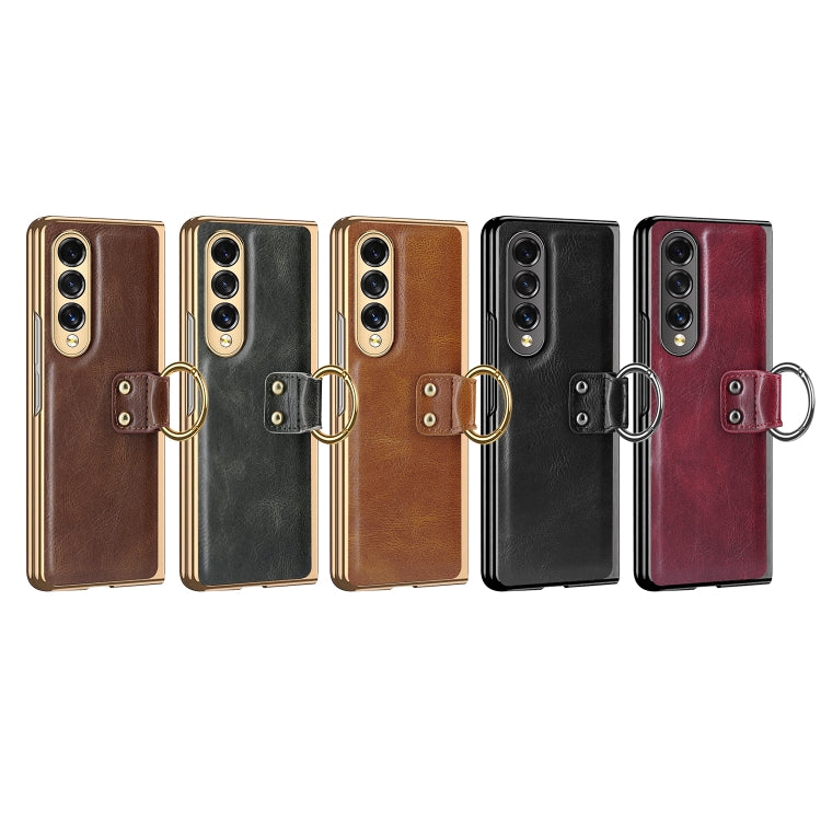 For Samsung Galaxy Z Fold3 5G Leather Texture PC Ring Holder Phone Case