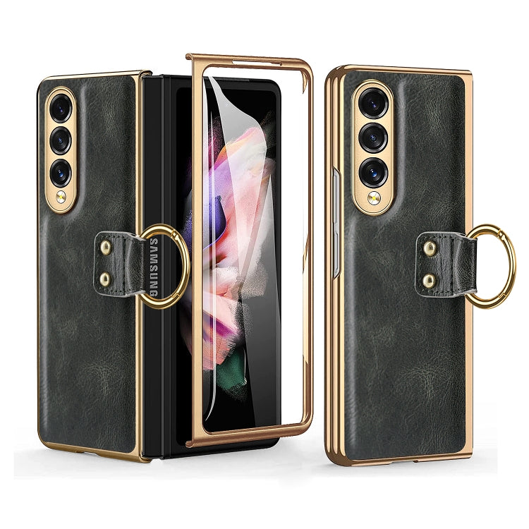 For Samsung Galaxy Z Fold3 5G Leather Texture PC Ring Holder Phone Case