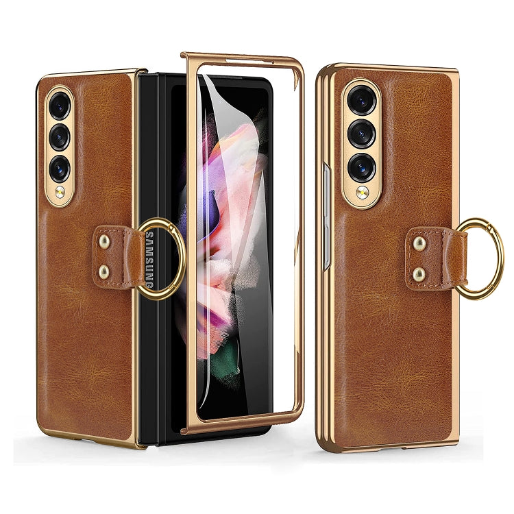For Samsung Galaxy Z Fold3 5G Leather Texture PC Ring Holder Phone Case