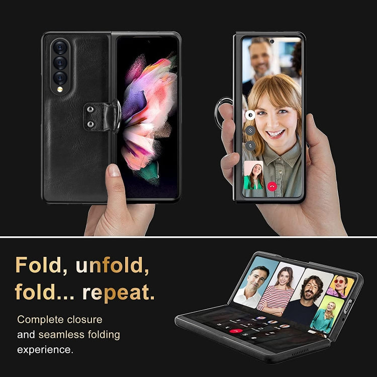 For Samsung Galaxy Z Fold3 5G Leather Texture PC Ring Holder Phone Case