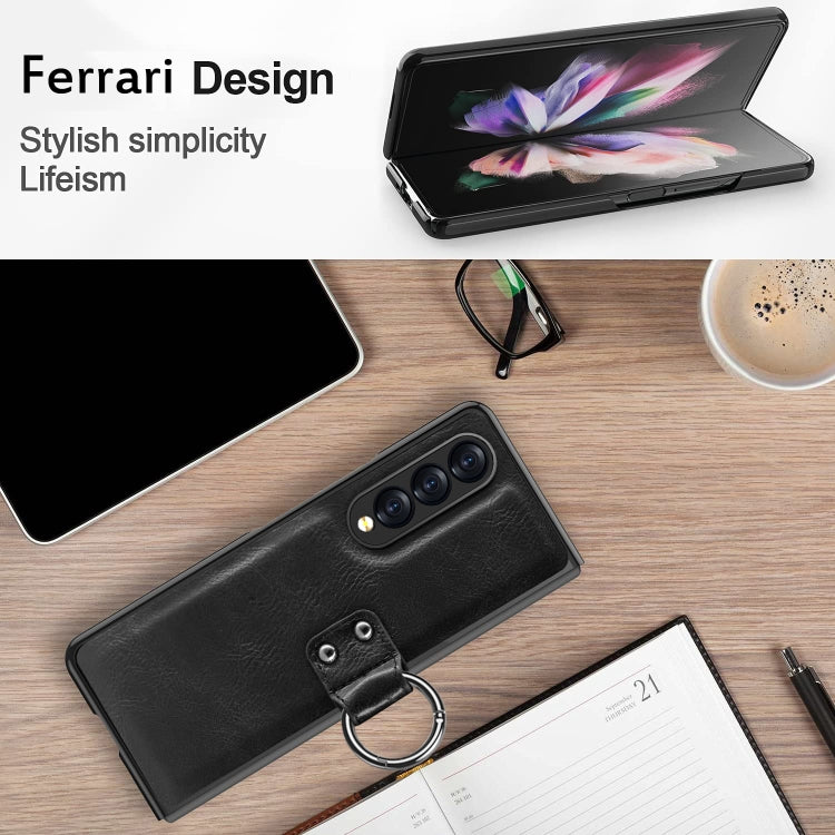 For Samsung Galaxy Z Fold3 5G Leather Texture PC Ring Holder Phone Case