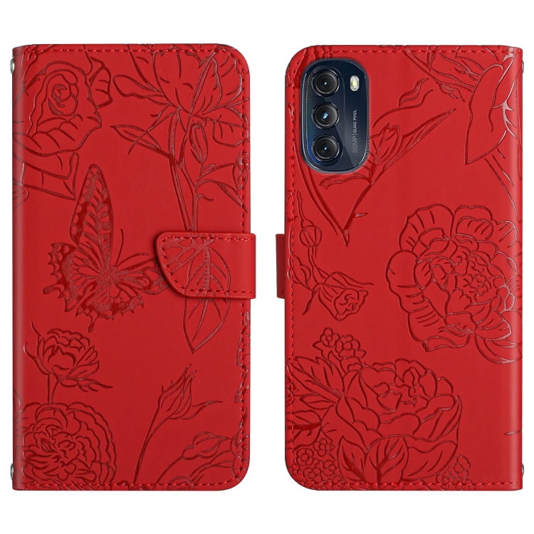 For Motorola Moto G 5G 2022 Skin Feel Butterfly Peony Embossed Leather Phone Case
