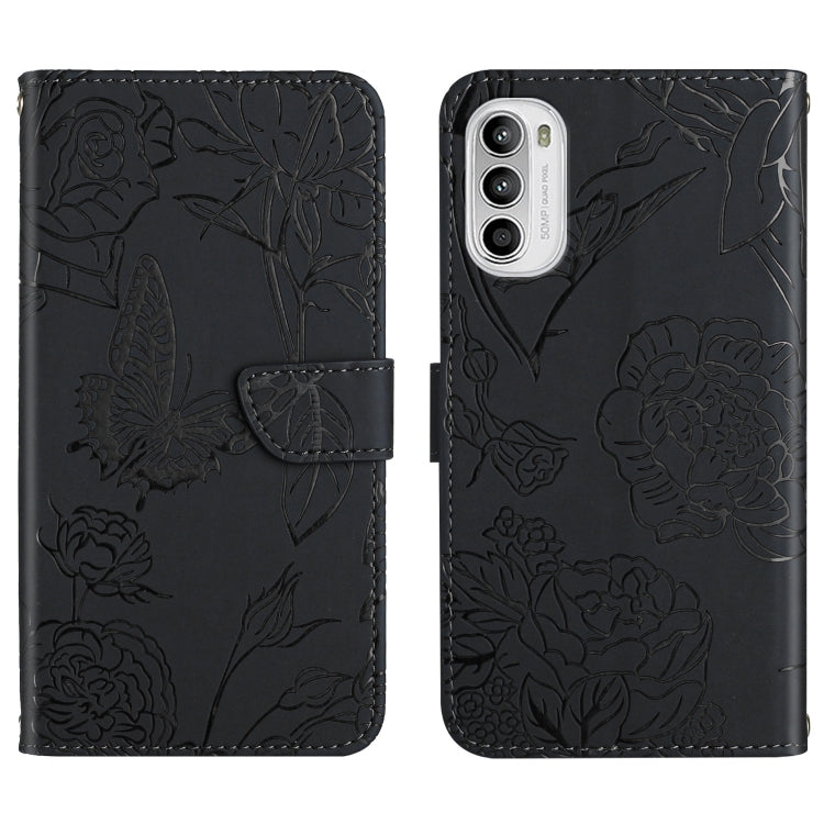 For Motorola Moto G52 Skin Feel Butterfly Peony Embossed Leather Phone Case
