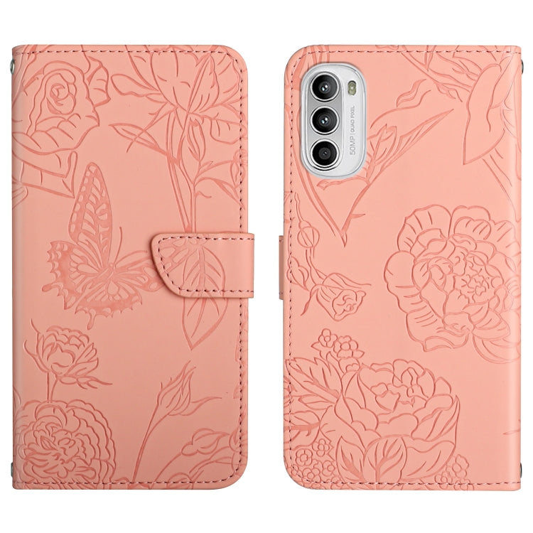 For Motorola Moto G52 Skin Feel Butterfly Peony Embossed Leather Phone Case