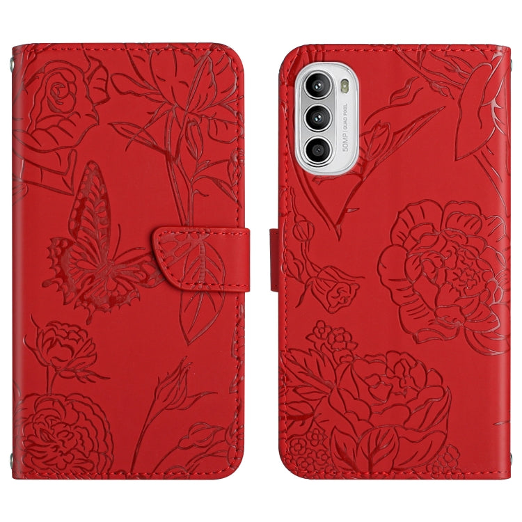 For Motorola Moto G52 Skin Feel Butterfly Peony Embossed Leather Phone Case