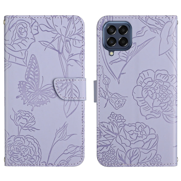 For Samsung Galaxy M33 Skin Feel Butterfly Peony Embossed Leather Phone Case