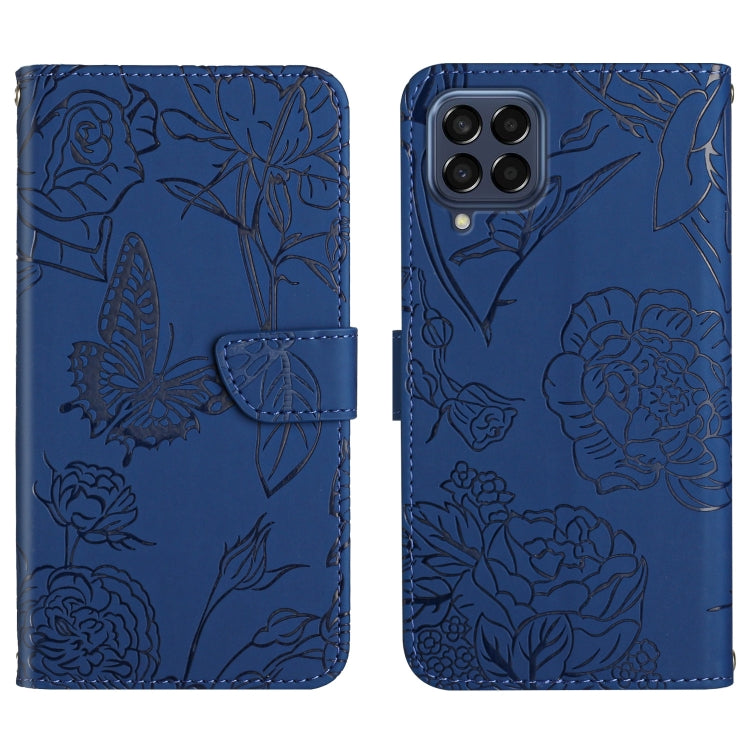 For Samsung Galaxy M33 Skin Feel Butterfly Peony Embossed Leather Phone Case