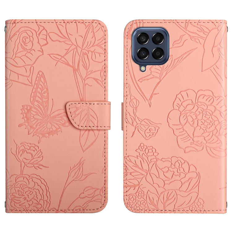 For Samsung Galaxy M33 Skin Feel Butterfly Peony Embossed Leather Phone Case