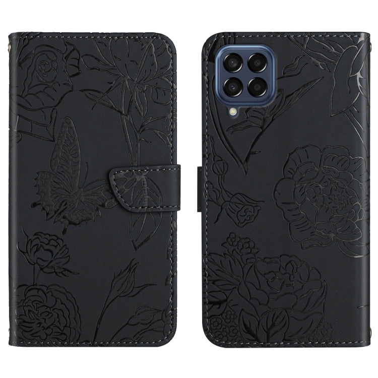 For Samsung Galaxy M53 Skin Feel Butterfly Peony Embossed Leather Phone Case