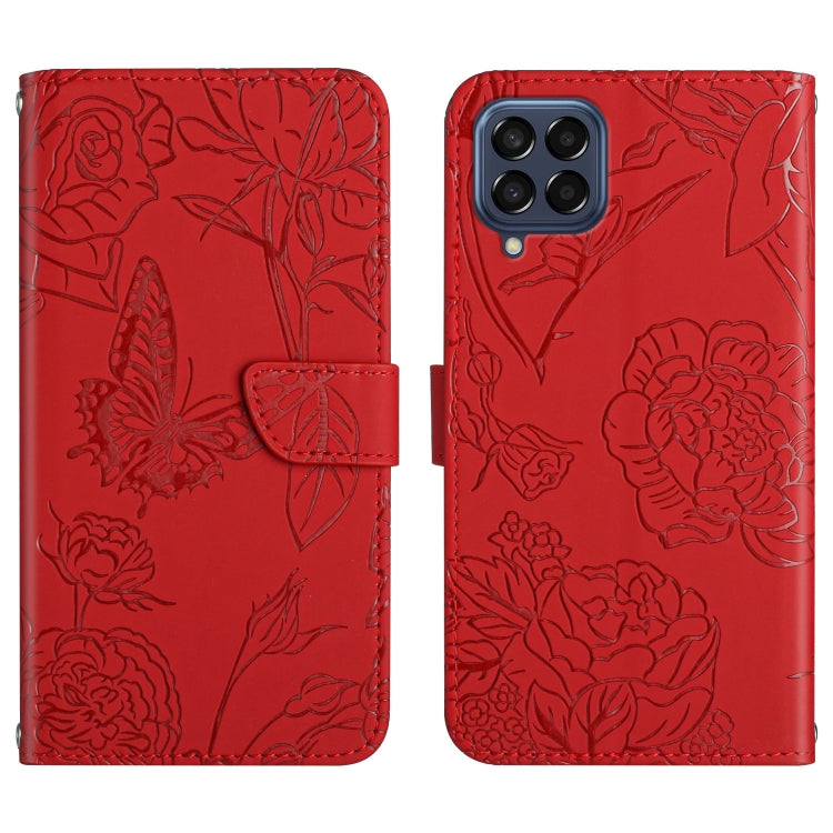 For Samsung Galaxy M53 Skin Feel Butterfly Peony Embossed Leather Phone Case
