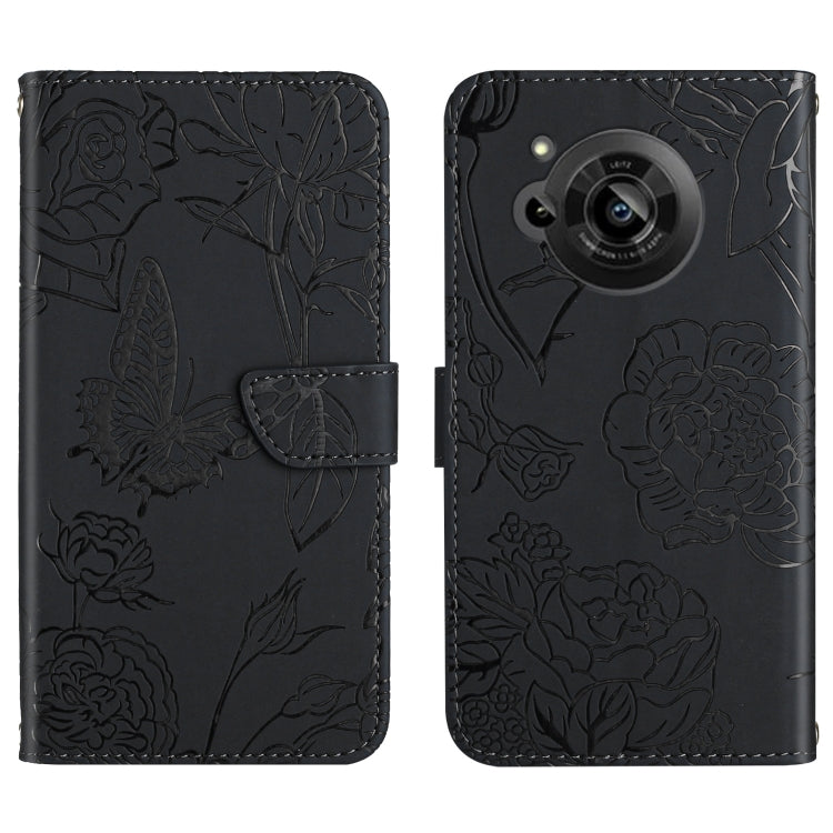 For Sharp Aquos R7 Skin Feel Butterfly Peony Embossed Leather Phone Case
