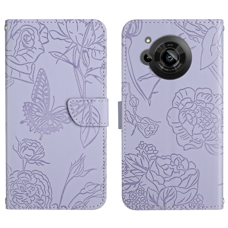 For Sharp Aquos R7 Skin Feel Butterfly Peony Embossed Leather Phone Case