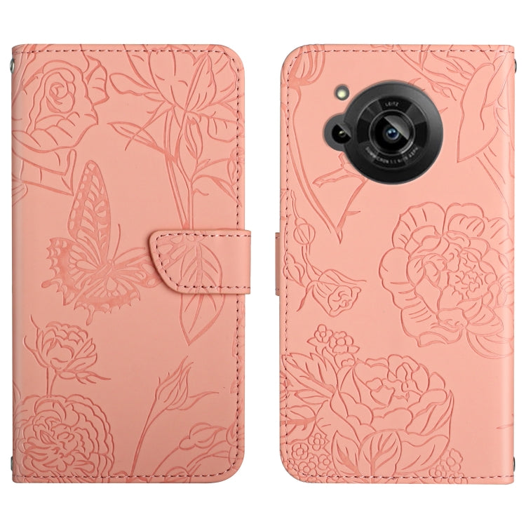 For Sharp Aquos R7 Skin Feel Butterfly Peony Embossed Leather Phone Case