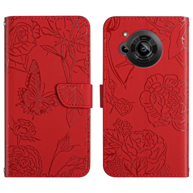 For Sharp Aquos R7 Skin Feel Butterfly Peony Embossed Leather Phone Case