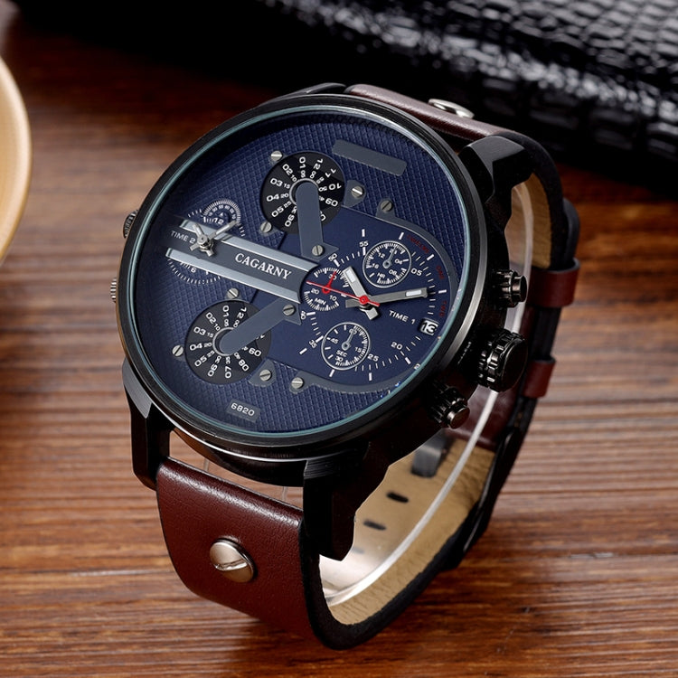 CAGARNY 6820 Round Large Dial Leather Band Quartz Dual Movement Watch For Men