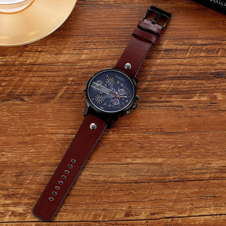 CAGARNY 6820 Round Large Dial Leather Band Quartz Dual Movement Watch For Men