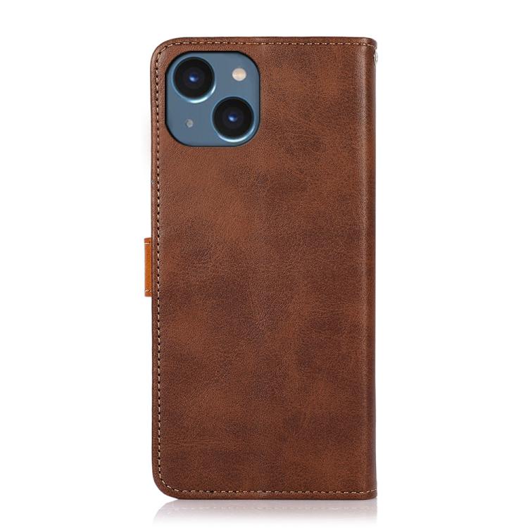 For iPhone 15 Plus KHAZNEH Dual-color Cowhide Texture Flip Leather Phone Case