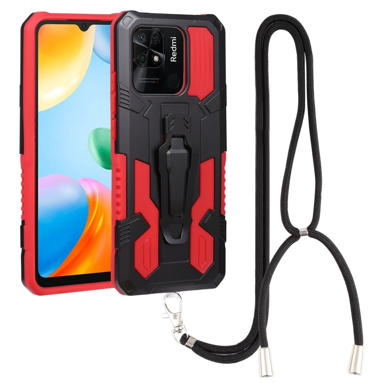 For Xiaomi Redmi 10C Lanyard Mecha Armor Kickstand PC + TPU Phone Case