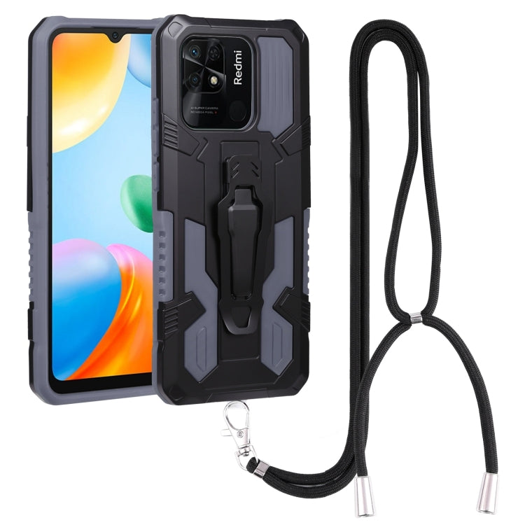 For Xiaomi Redmi 10C Lanyard Mecha Armor Kickstand PC + TPU Phone Case