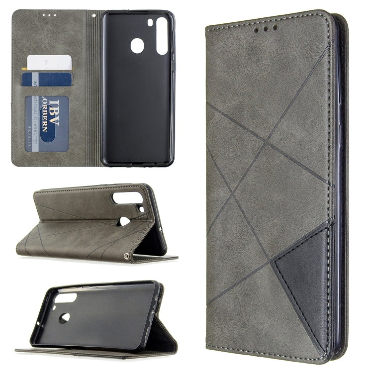 For Galaxy A21 Rhombus Texture Horizontal Flip Magnetic Leather Case with Holder & Card Slots & Wallet