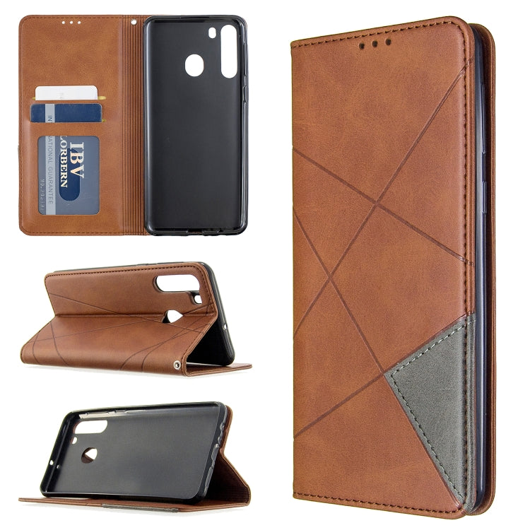 For Galaxy A21 Rhombus Texture Horizontal Flip Magnetic Leather Case with Holder & Card Slots & Wallet