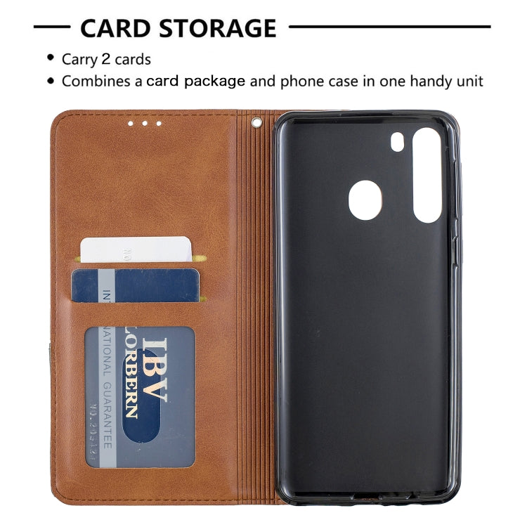 For Galaxy A21 Rhombus Texture Horizontal Flip Magnetic Leather Case with Holder & Card Slots & Wallet