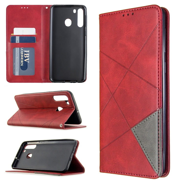 For Galaxy A21 Rhombus Texture Horizontal Flip Magnetic Leather Case with Holder & Card Slots & Wallet