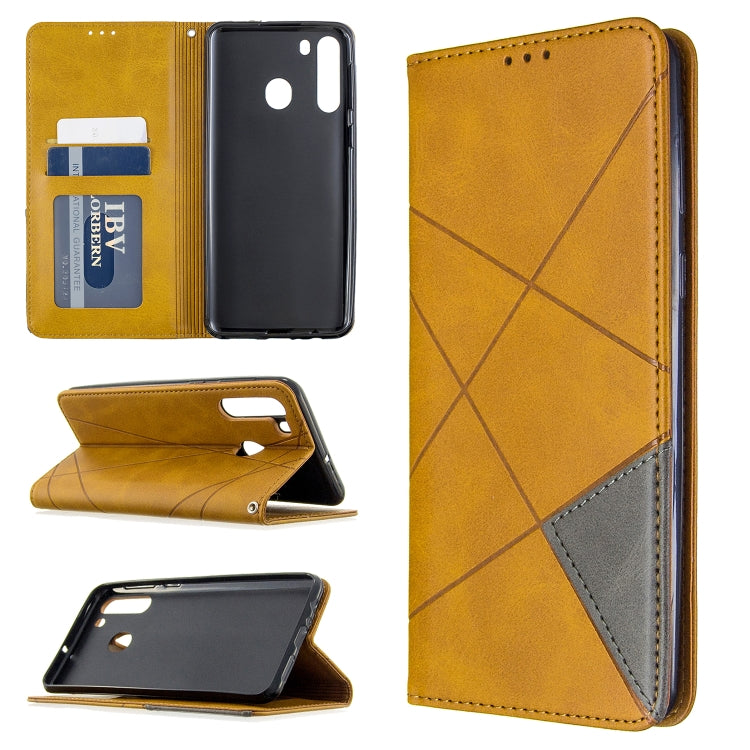For Galaxy A21 Rhombus Texture Horizontal Flip Magnetic Leather Case with Holder & Card Slots & Wallet