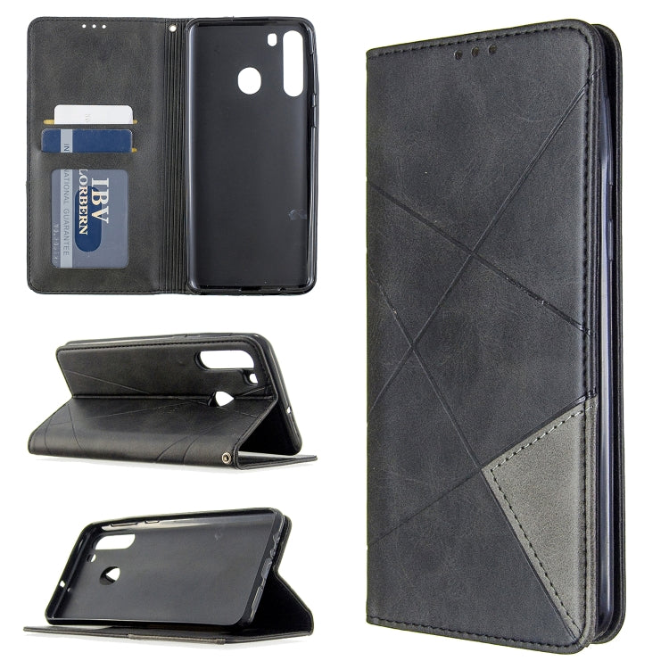 For Galaxy A21 Rhombus Texture Horizontal Flip Magnetic Leather Case with Holder & Card Slots & Wallet